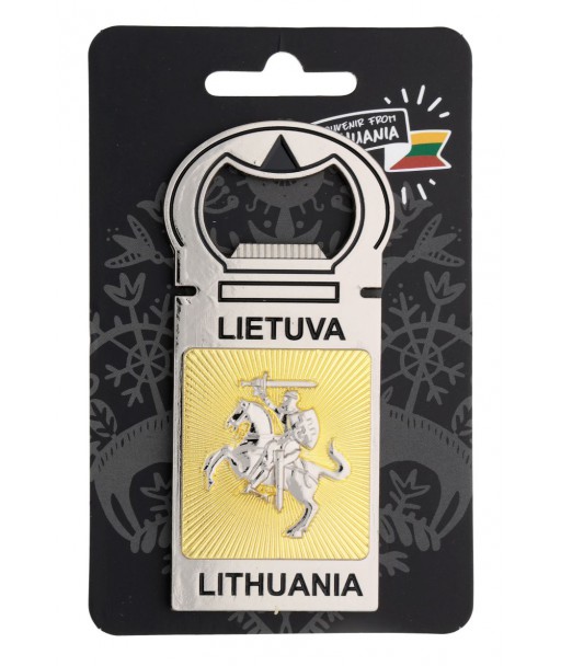 Magnetas atidarytuvas sidabrinis Vytis auksiniame fone